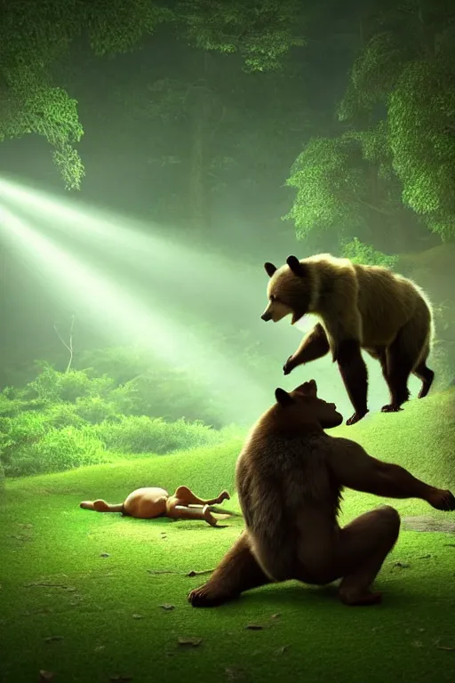 Image similar to a beautiful fullbody portrait of a bear and a wolf playing capoeira in a forest, at night. volumetric light, detailed, photorealistic, fantasy, rendered in octane