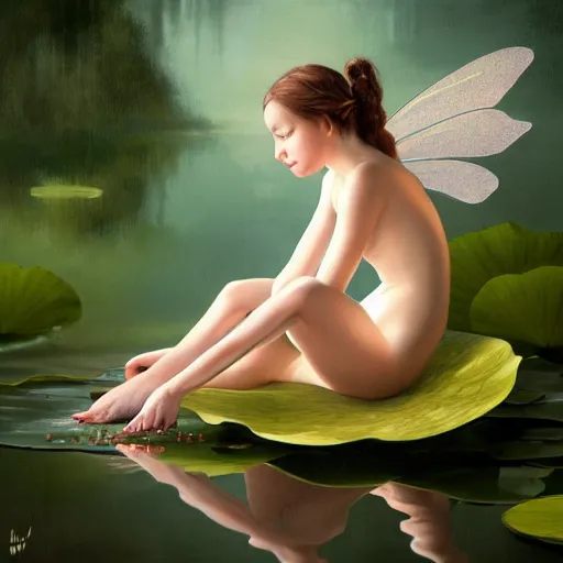 Image similar to a contemplative romanticist painting of a small fairy sitting on the edge of a lotus leaf, her feet in the water, the lotus leaf is floating on water, 8k, photorealistic, award winning, trending on artstation, by WLOP