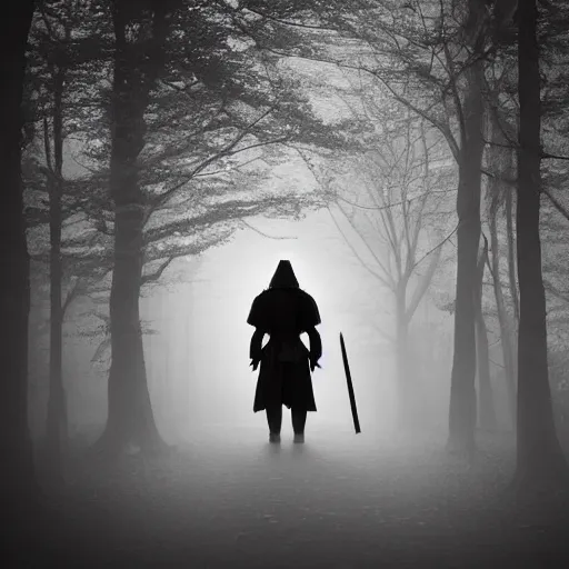 Prompt: a samurai walks alone through the woods at night, gloomy, dark, foggy, night, ominous, dark color, atmospheric, cinematic lighting, intricate detail?