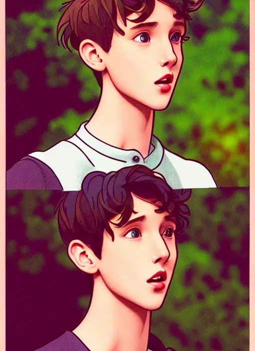 Image similar to cute troye sivan trading card design, natural lighting, path traced, highly detailed, high quality, digital painting, by don bluth and ross tran and studio ghibli and alphonse mucha, artgerm