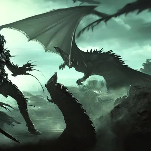 Image similar to A warlord fighting a black dragon, cinematic, artstation trending, 8k resolution
