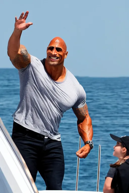 Prompt: dwayne johnson waving to his fans while leaving the united states using a luxurious yacht