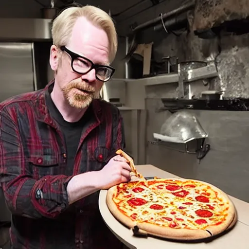 Prompt: adam savage attempting to play a pizza like a piccolo, photo realistic, extreme detail