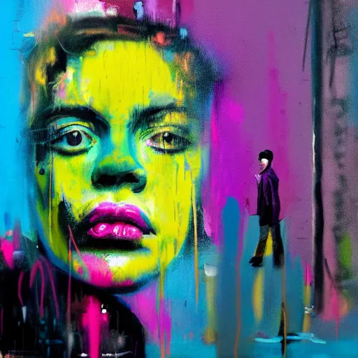 Image similar to amy in - house, rain like a dream, oil painting, cyberpunk, basquiat + francis bacon, elevated street art, fantasy lut, pink, blue, purple, green,