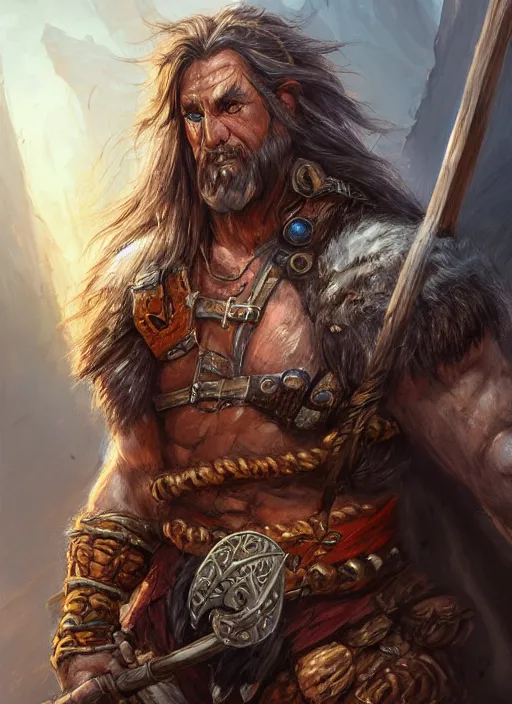 Image similar to barbarian, ultra detailed fantasy, dndbeyond, bright, colourful, realistic, dnd character portrait, full body, pathfinder, pinterest, art by ralph horsley, dnd, rpg, lotr game design fanart by concept art, behance hd, artstation, deviantart, hdr render in unreal engine 5