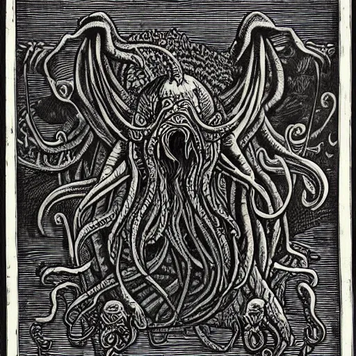 Image similar to a detailed woodcut of Cthulhu by Gustave Doré