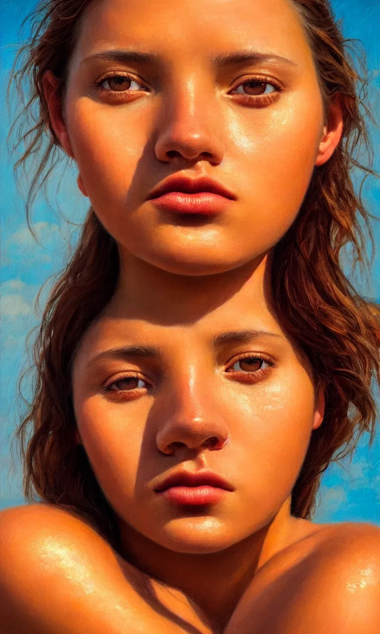 Image similar to a face portrait of a beautiful girl enjoying the warm sunlight, cuban setting, close - shot, symmetrical face, warm colors, soft lighting, atmospheric, cinematic, moody, in the style of diego koi, gina heyer, luiz escanuela, art by alyssa monk, hyperrealism, rule of thirds, golden ratio, oil on canvas, 8 k