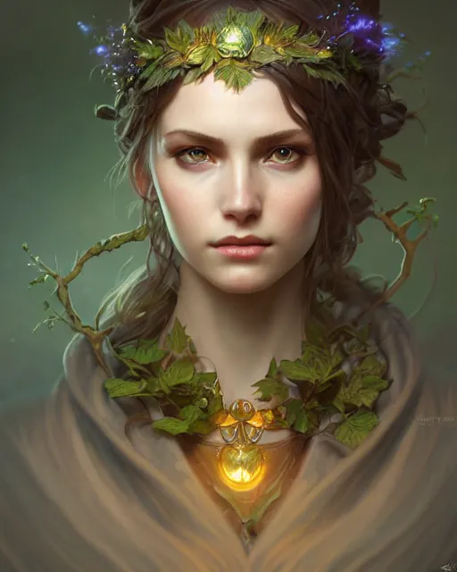 Prompt: beautiful female druid, portrait, fantasy, young, perfect eyes, detailed, intricate, leaves and simple cloth, global lighting, digital art, digital painting, artstation, wlop, sharp focus, illustration, art by artgerm and greg rutkowski and alphonse mucha, 8 k
