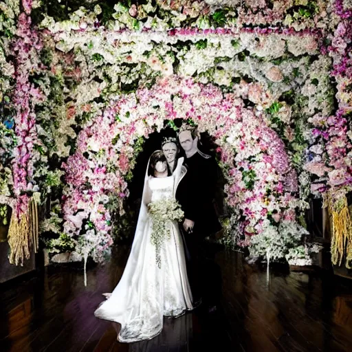 Prompt: A wide full shot, colored black and White Russian and Japanese mix historical fantasy a photograph portrait taken of inside a royal wedding floral covered aisle inspired by a enchanted ethereal forest, 1907 photo from the official wedding photographer for the royal wedding.