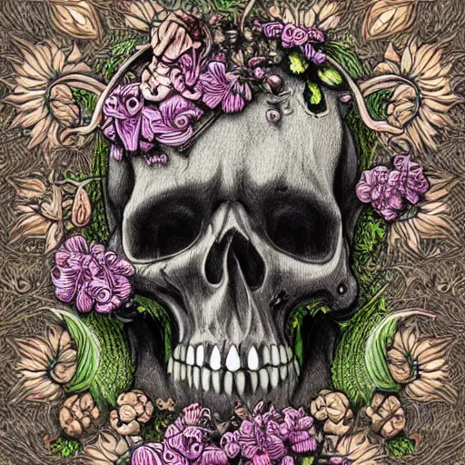 Image similar to detailed rotten skull corpse with fractal plants and fractal flowers and mushrooms growing around, symmetrical, ornate, ornamentation, illustration, in the style of onz_blk