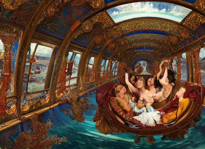 Prompt: incredibly beautiful breaktakingly detailed painting of the inside of the ornate underwater train to atlantis, various amazingly wonderful bizarre cool weird characters sat down, extreme closeup, by ford maddox brown and kilian eng and william powell frith and frederic leighton, ultra wide angle, 4 k