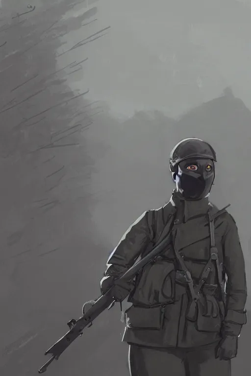 Image similar to ww 1 british sas female masked operative with the standard black uniform, artstation, trending on artstation, establishing shot, by simon stalenhag