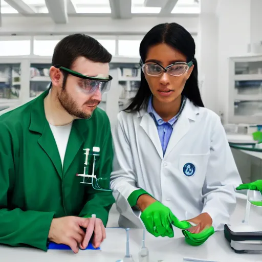 Image similar to two scientists wearing green lab coats studying in a laboratory, 4k, photorealistic