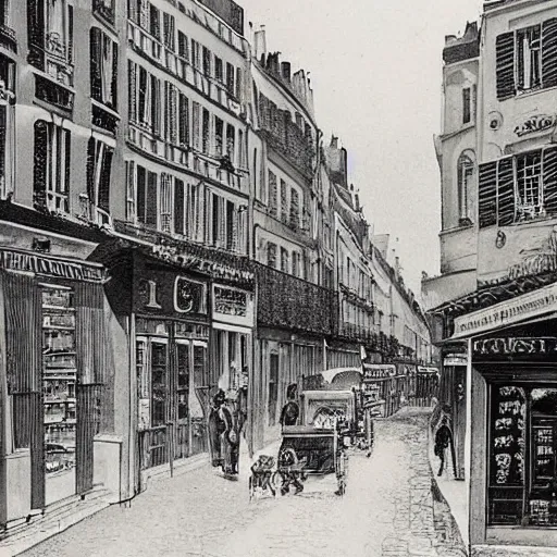 Prompt: une rue de paris vide ( en 1 7 4 0 ) avec des voitures garees, un restaurant avec une terrasse, des boutiques avec des neons, en debut de matinee