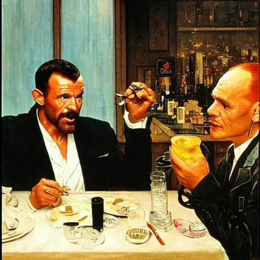 Prompt: leon kowalski replicant from blade runner is unhappy with the soup he has received in a restaurant and is considering making a complaint, painted by norman rockwell and tom lovell and frank schoonover