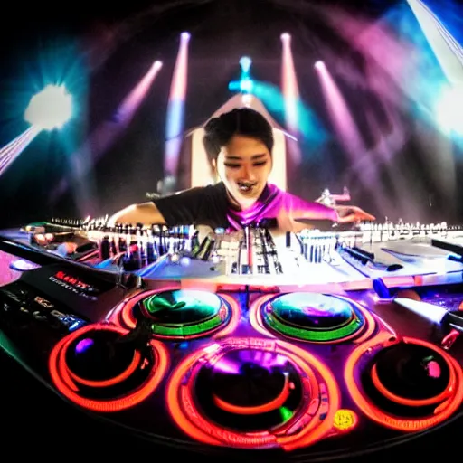 Prompt: DJ Bhumibol spinning turntables during edm concert, photo, close-up, high quality