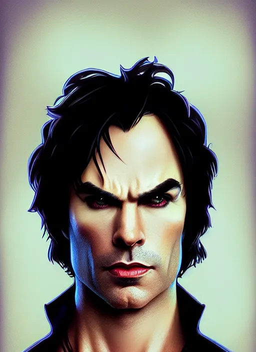 Image similar to portrait of ian somerhalder as a sultry vampire lord, damon salvatore, jewelry, greek, saphire, intricate, headshot, highly detailed, digital painting, artstation, concept art, sharp focus, cinematic lighting, illustration, art by artgerm and greg rutkowski, alphonse mucha, cgsociety