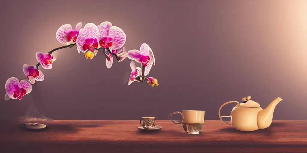 Prompt: orchid in teapot, environment reflected, fog, rain, volumetric lighting, beautiful, golden hour, sharp focus, ultra detailed, cgsociety