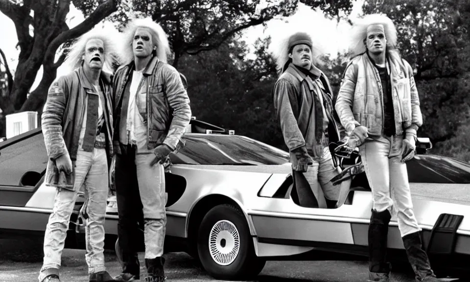 Image similar to scene from back to the future, doc brown and marty mcfly standing in front of the delorean