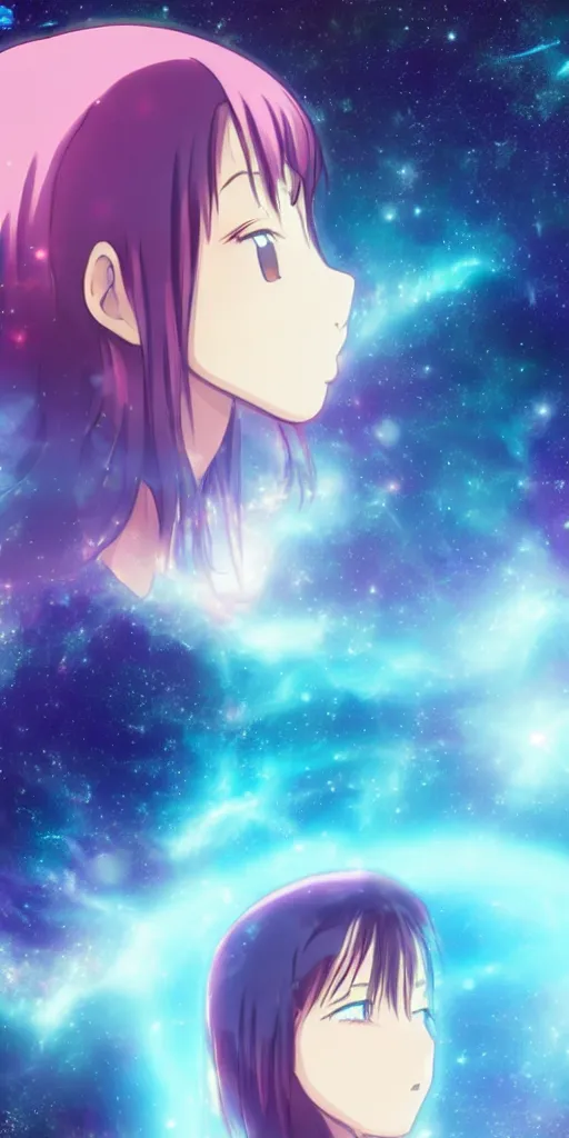 Prompt: anime girl in space staring at a nebula exploding in the distance, close-up side-view face shot