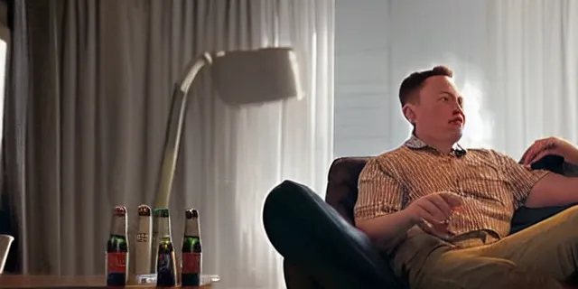 Image similar to full distant shot of sad bald poor dirty elon musk drinking a can of beer in the couch while watching tv in a dirty house, very realistic photograph, cinematic lighting, dardenne brothers