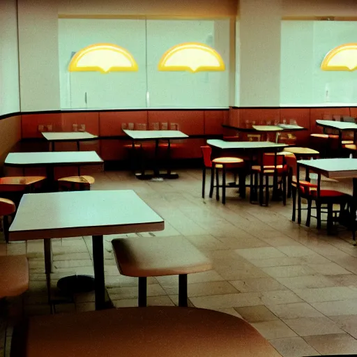 Image similar to a 3 5 mm pentax k 1 0 0 0 photograph of a liminal empty moody mcdonalds interior. empty tables. food garbage scattered about.