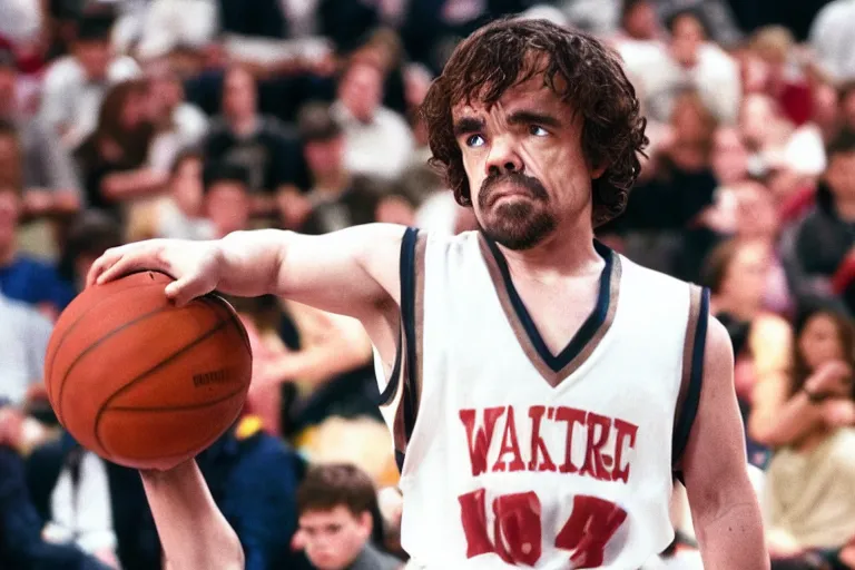 Image similar to peter dinklage playing basketball movie still, from the new slam dunk ernest movie, 8 k, realistic