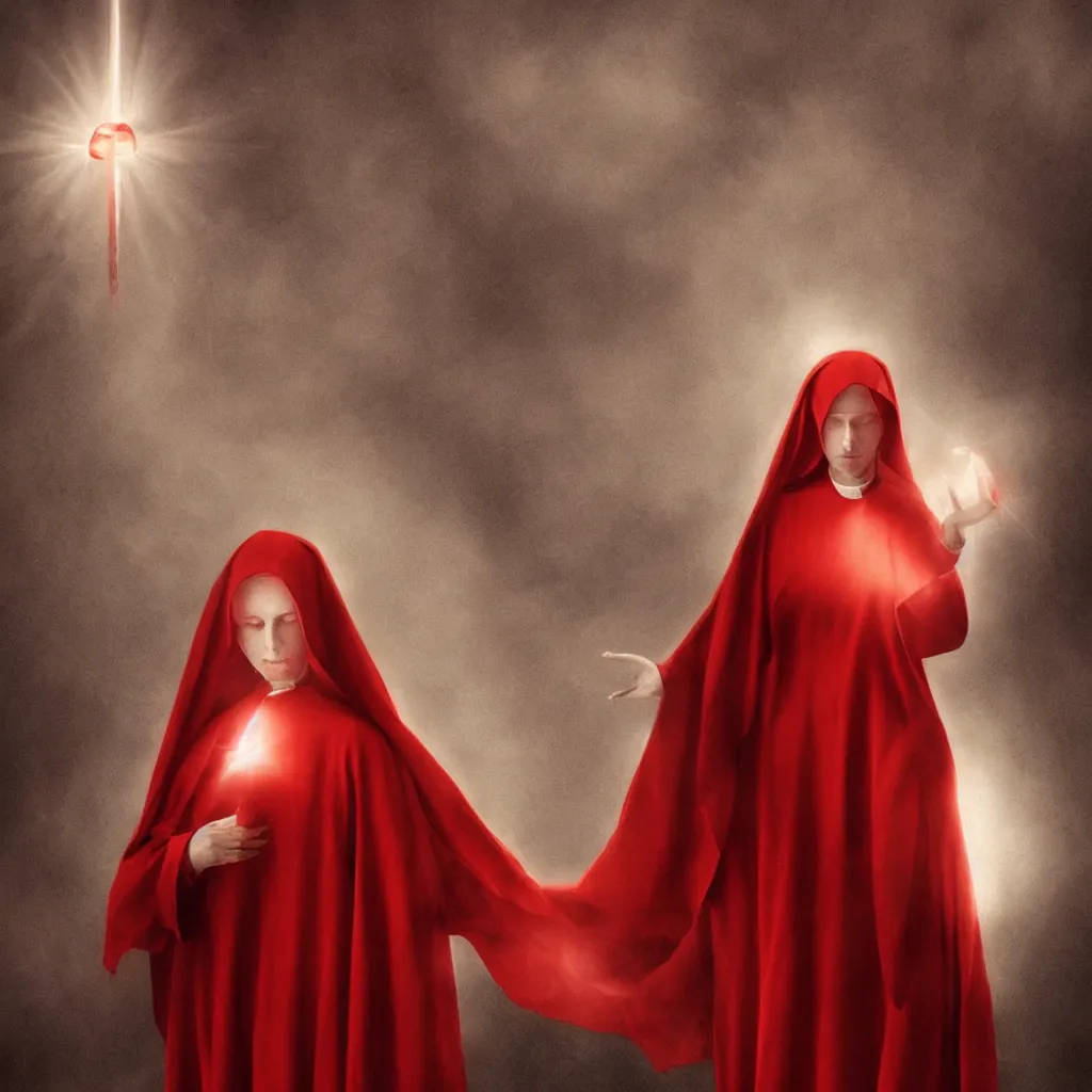 Prompt: A beautiful painting of a nun in red with a transparent body and holy light emanating from her lungs, dark fantasy, medieval, dark Soul, elden ring