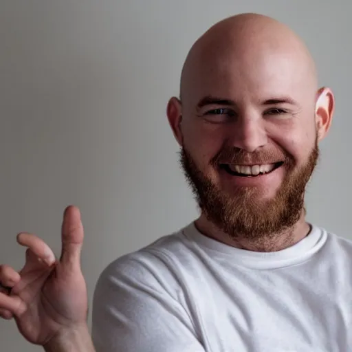 Image similar to portrait of 3 0 year old bald white man sitting in a white room with a window in the background, holding up hand with stay loose sign, the man has a slight beard and is smiling slightly and tilting his head to the right
