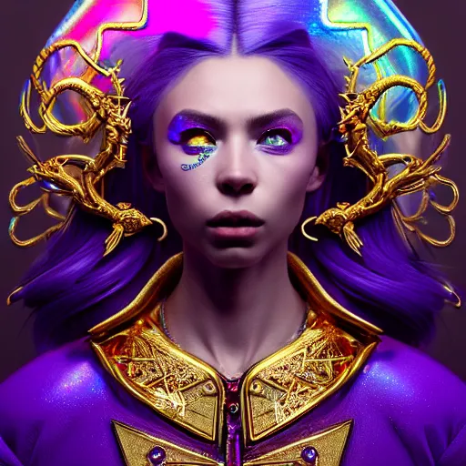 Image similar to hyperdetailed close portrait of a stunningly beautiful ukrainian girl androgynous wizard guard made of iridescent metals and shiny purple gems, bright rainbow nimbus, golden necklace, smoke background inspired by ross tran and masamune shirow and kuvshinov, concept art, intricate, photorealistic, octane render, rtx, hdr, unreal engine, dnd digital art by artgerm