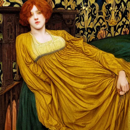 Image similar to preraphaelite photography reclining on bed, large eyes and nose and lips, big brown fringe, yellow ochre ornate medieval dress, william morris, 4 k