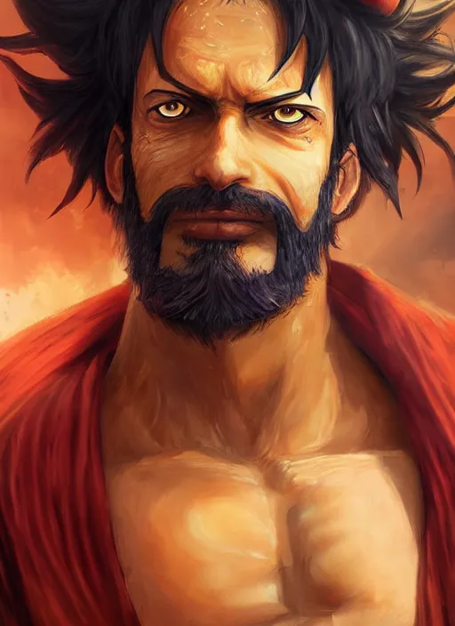 Image similar to luffy as _ fantasy _ style _ portrait _ painting _ of middle eastern male brown wavy hair beard, rpg dnd oil _ painting _ unreal _ 5 _ daz. _ rpg _ portrait _ extremely _ detailed _ artgerm _ greg _ rutkowski _ greg