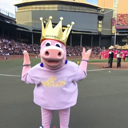 Prompt: pig baseball outfit wearing a gold crown as a Muppet holding an empty glass cup 8k