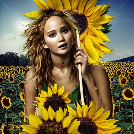 Prompt: Jennifer Lawrence in a field of sunflower holding a magic staff