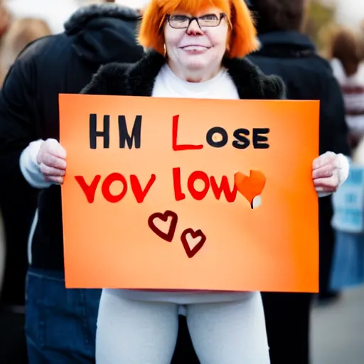 Image similar to orange tabby cat holds sign that says