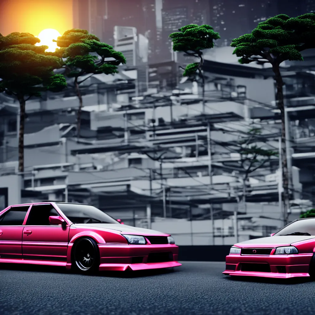 Image similar to zoom on car JZX100 twin turbo drift parked, Tokyo prefecture, Japanese architecture, city sunset mist lights, cinematic lighting, photorealistic, detailed alloy wheels, highly detailed, photoshoot