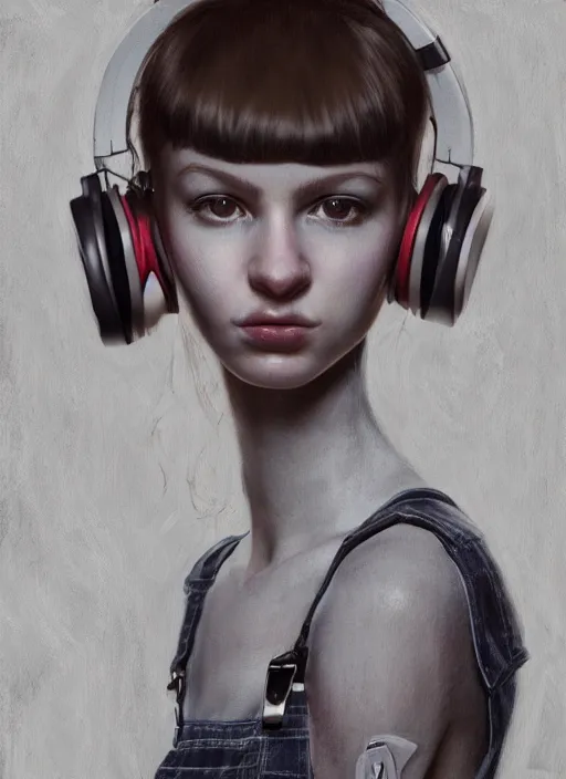 Image similar to digital _ painting _ of _ girl with headphones, overalls, combat boots _ by _ filipe _ pagliuso _ and _ justin _ gerard _ symmetric _ fantasy _ highly _ detailed _ realistic _ intricate _ port