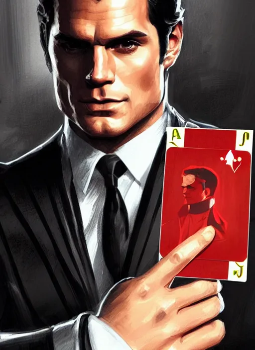 Image similar to portrait of henry cavill as james bond, casino, falling poker cards, key art, highly detailed, digital painting, artstation, concept art, cinematic lighting, sharp focus, illustration, art by artgerm and greg rutkowski and alphonse mucha