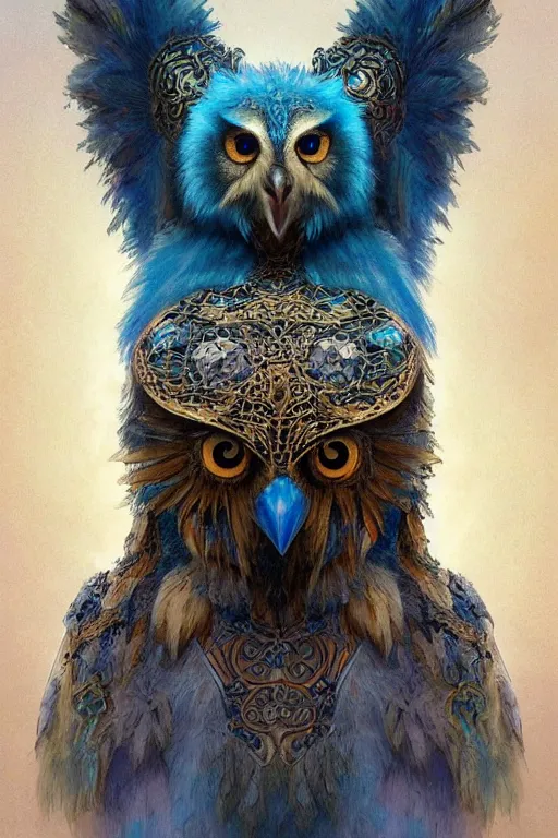 Image similar to a beautiful upper body shot from a fantasy film of a humanoid iridescent blue owlbear wearing a loose tunic. an anthropomorphic owlbear. fantasy, frown, intricate, elegant, highly detailed, digital painting, artstation, concept art, matte, sharp focus, illustration, art by artgerm and greg rutkowski and alphonse mucha