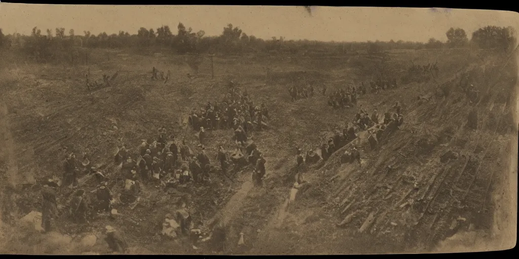 Image similar to american civil war trench battle, long wide trenches in the ground, tiny puffs of smoke, aerial view, tintype photograph