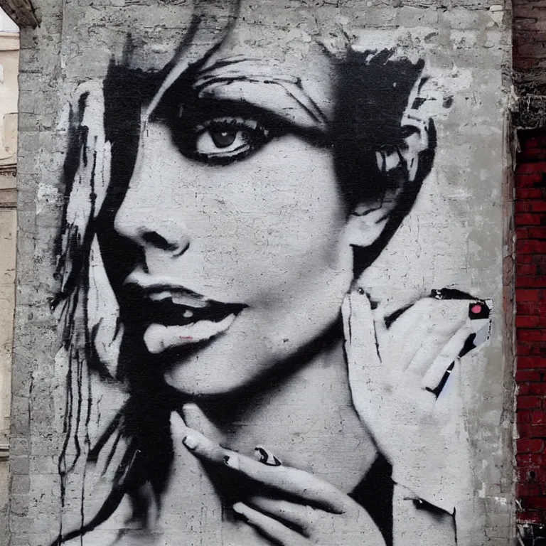 Prompt: Street-art portrait of Eve Mendes in style of Banksy, photorealism