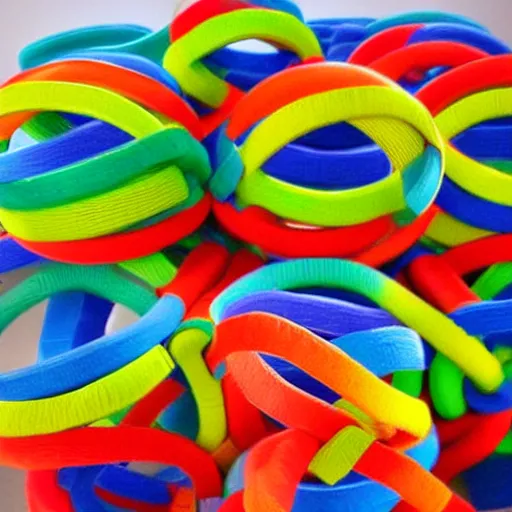 Prompt: several colorful elastic band balls stacked on top of each other to make a human shape