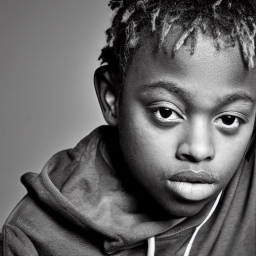 Image similar to the face of young juice wrld at 1 0 years old, black and white portrait by julia cameron, chiaroscuro lighting, shallow depth of field, 8 0 mm, f 1. 8