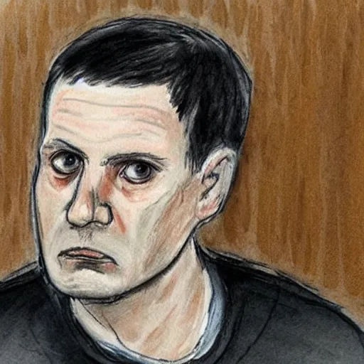 Prompt: polish serial killer in on a trial in a court, pleaded guilty, courtroom sketch