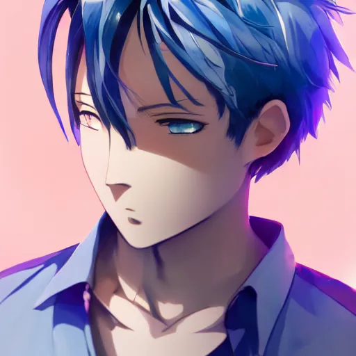Image similar to very cool anime boy, short silver hair, azure blue watery eyes, full round face, seductive glances, wearing River City Ransom suit, lens flare, cinematic lighting, medium shot, mid-shot, highly realistically detailed, trending on pixiv, Unreal Engine 4k, Stanley Artgerm Lau, WLOP, Rossdraws, James Jean, Marc Simonetti