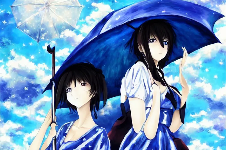 Prompt: mayuri shiina from steins gate, beautiful anime, oil painting, holding a umbrella, looking to stars, cute anime , in blue dress, super detailed , beautiful anime art