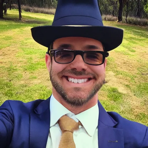 Image similar to happy quokka wearing a suit and a hat, taking a selfie, golden hour, realistic