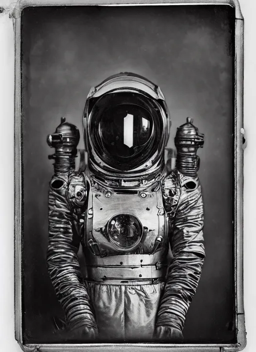 Image similar to old wetplate daguerreotype portrait of a futuristic silver armored space astronaut cyborg, fractal, intricate, elegant, highly detailed, parallax, leica, medium format, subsurface scattering, by jheronimus bosch and greg rutkowski and louis jacques mande daguerre