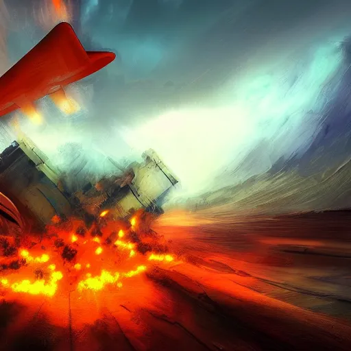 Image similar to plane crashing landscape, in hell, digital art, trending on artstation