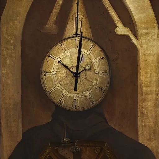 Image similar to medieval monk maintaining an enormous, complex, mechanical clock, oil painting, warm lighting, realistic, trending on artstation